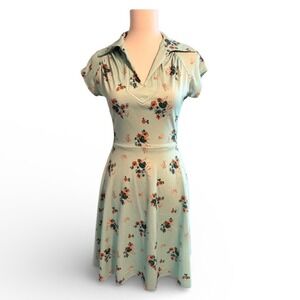 Vintage Mint Green Floral Collared Midi Dress Short Sleeve